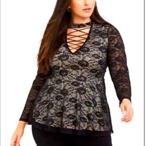 Black Lace Lattice Peplum Top
